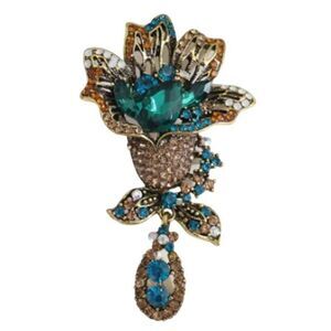 Flower Waterdrop Brooch Beautiful Multicolor Blue Green Faux Jewels Rhinestone